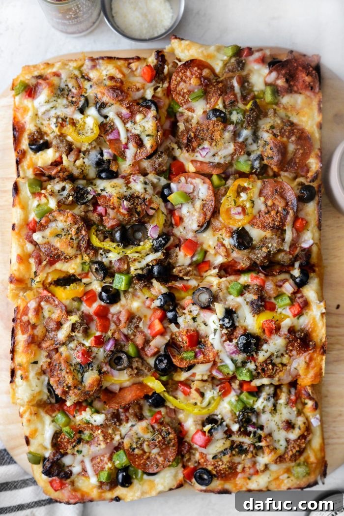 The Story of 2021 4 Close-up of a delicious Focaccia Pizza Supreme with varied toppings