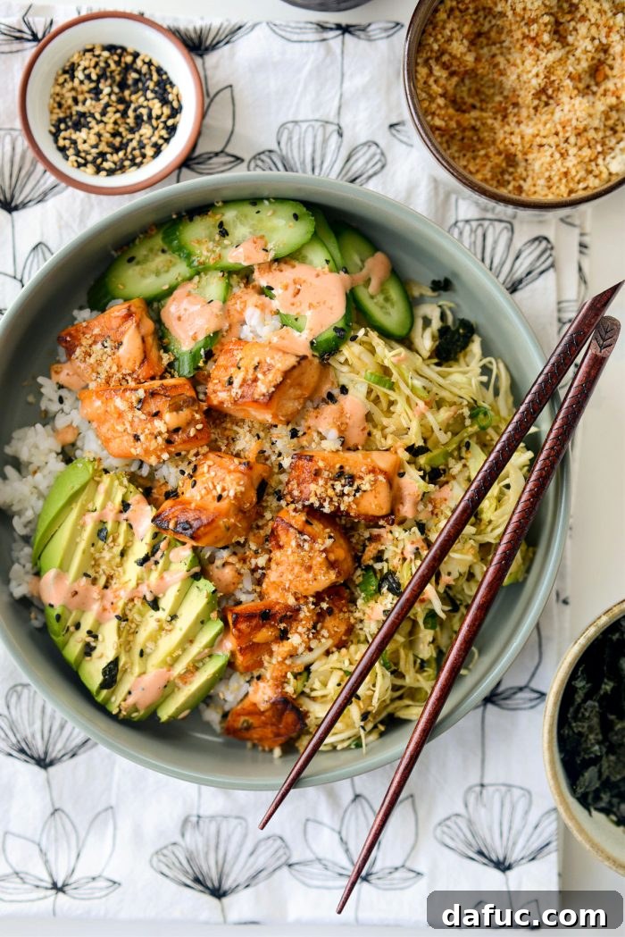 The Story of 2021 9 A vibrant and healthy Spicy Salmon Maki Bowl with all its components