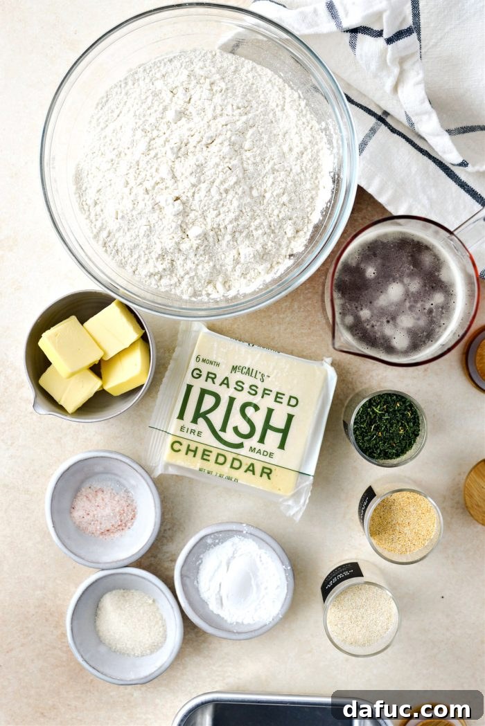 Ingredients for Irish Beer and Cheddar Bread laid out on a table
