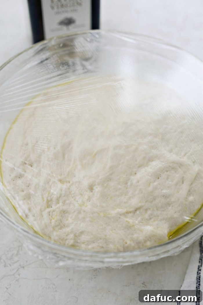 Risen focaccia dough, doubled in size.