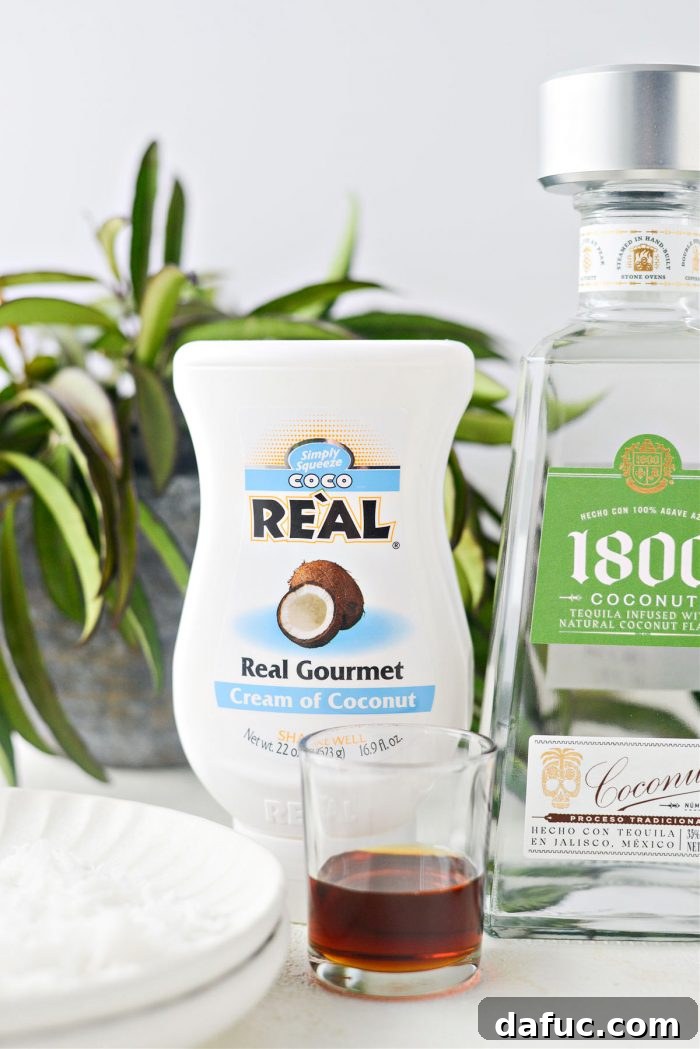A bottle of cream of coconut, indicating its use as a cocktail mixer