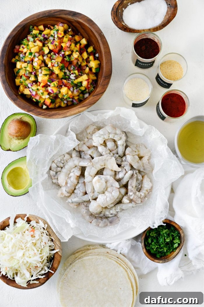 Sunshine Shrimp Tacos 4 Ingredients for Summer Shrimp Tacos laid out on a table