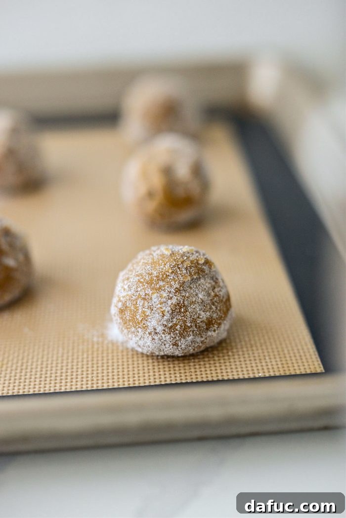Spiced Pumpkin Molasses Chews 19 Sugar-coated cookie dough portions arranged on a lined baking sheet, spaced for even baking.