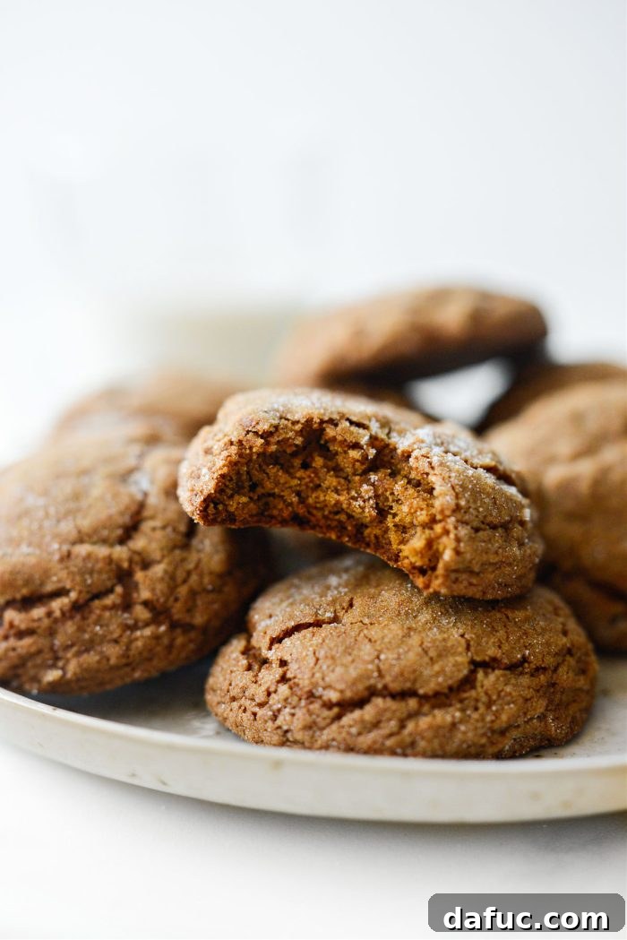 Spiced Pumpkin Molasses Chews 24 A delicious Pumpkin Molasses Cookie with a bite missing, showcasing its soft interior.