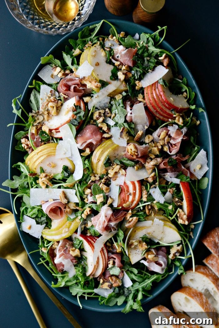 Finished Pear and Prosciutto Arugula Salad ready to serve