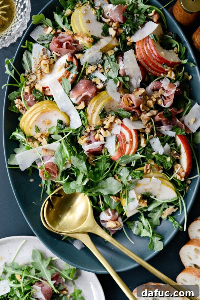 Final presentation of Pear and Prosciutto Arugula Salad