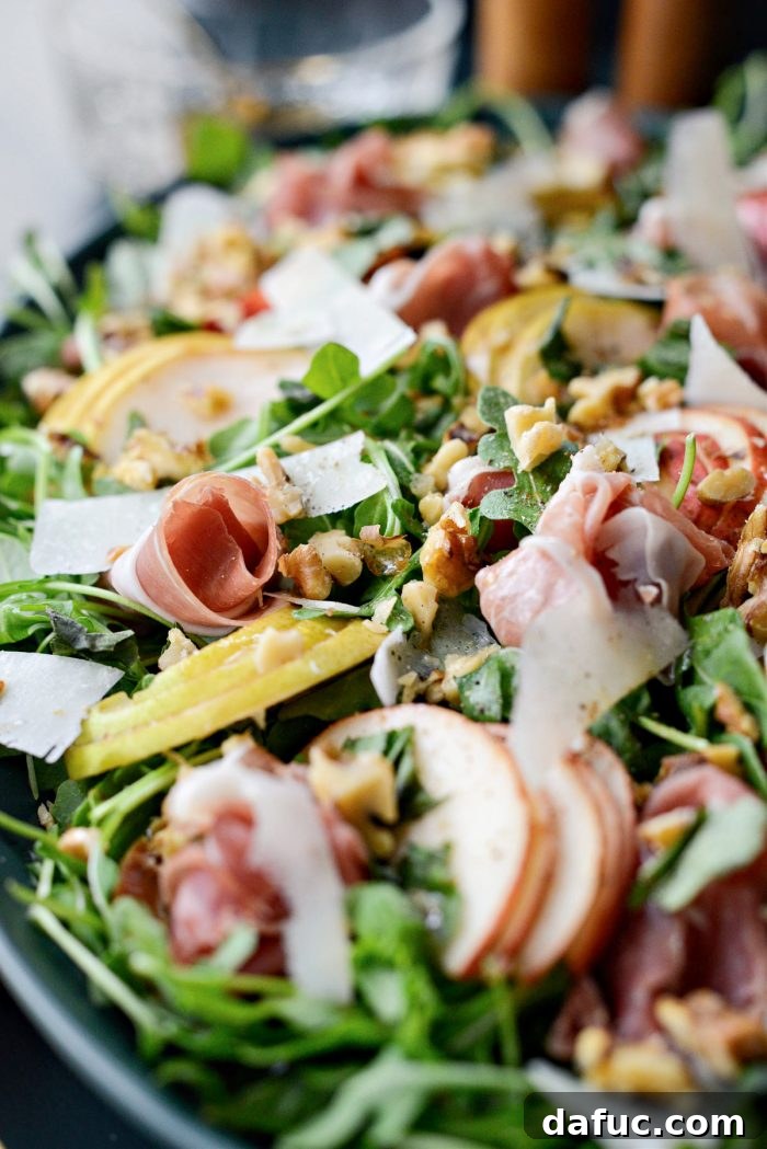 Close-up of Pear and Prosciutto Arugula Salad ingredients